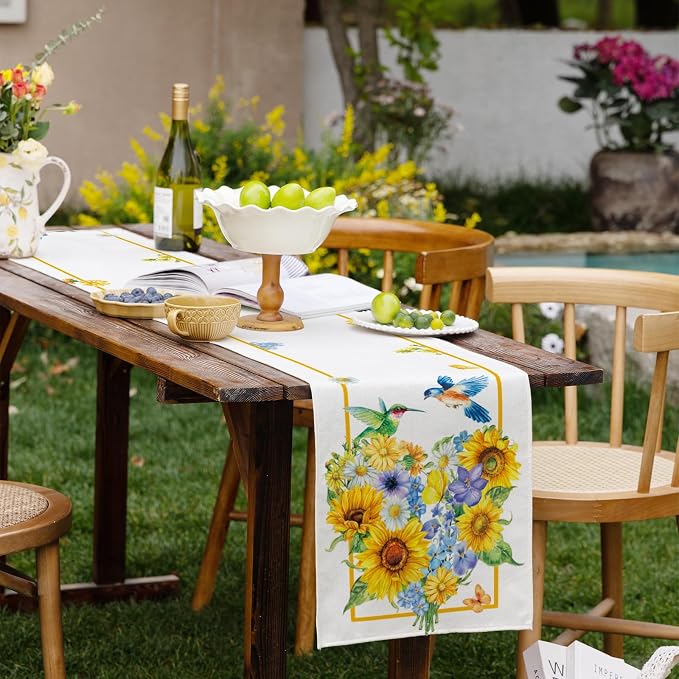 Summer Sunflowers Daisies Table Runner Birds Burlap Table Runners, Spring - Image 9