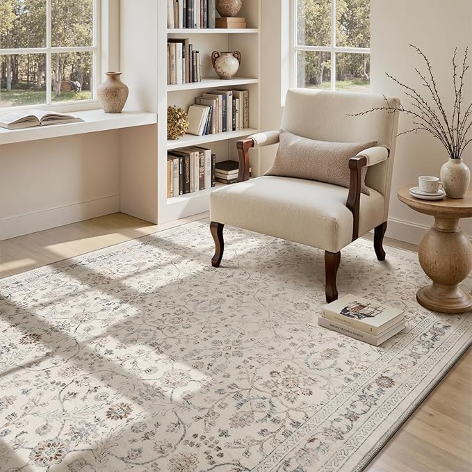 MontVoo-Vintage Area Rug 4X6 Beige Rugs for Living Room-Soft Distressed Printed Rugs for Bedroom-Non Slip Carpet-Machine Washable Rug for Dining Room Living Room Bedside Office