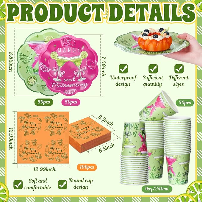 250 Pcs Margs and Matrimony Disposable Paper Plates and Napkins | Margarita - Image 3