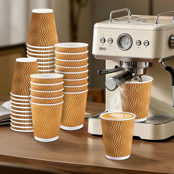 120 Pack 10 oz Coffee Cups, Disposable Corrugated Insulated Ripple Wall Paper Coffee Cups 10oz for Hot or Cold Drinks Office Home Cafe Party Travel (Champagne)