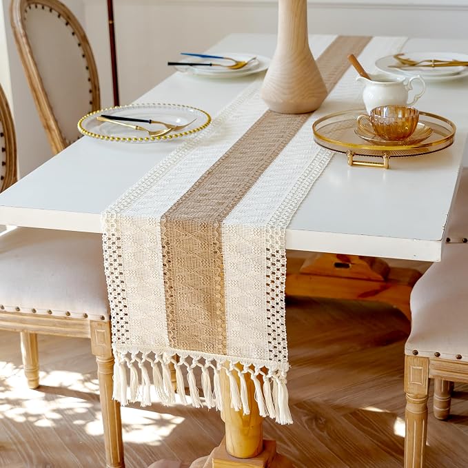 EMMTEEY Boho Table Runner with Tassels 108 Inches Long, Cream Brown | Handmade - Image 4