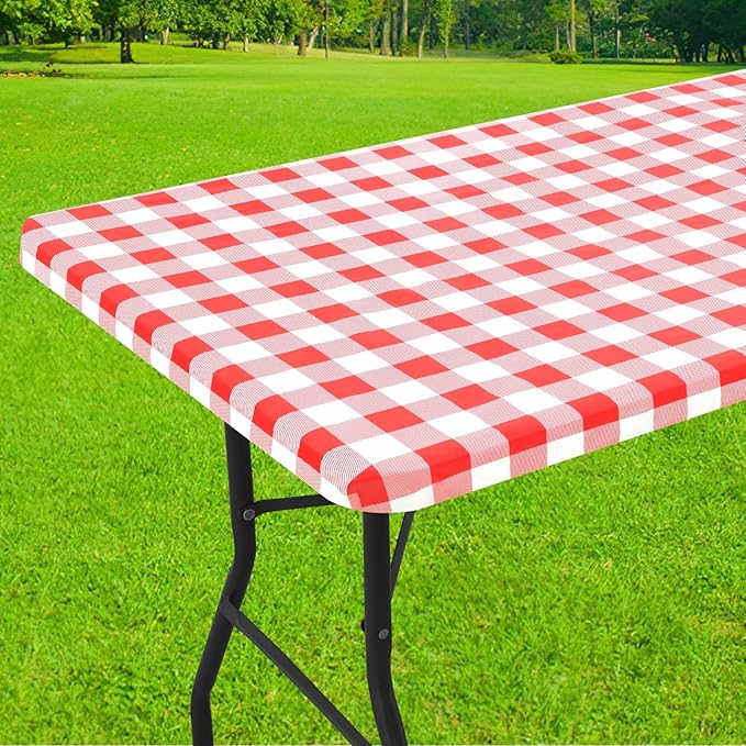 Smiry Rectangle Picnic Table Cloth, Elastic Waterproof Fitted Vinyl Tablecloths, Flannel Backed Buffalo Plaid Table Covers for Dining, Camping, Outdoor (White and Red, 36" x 48")