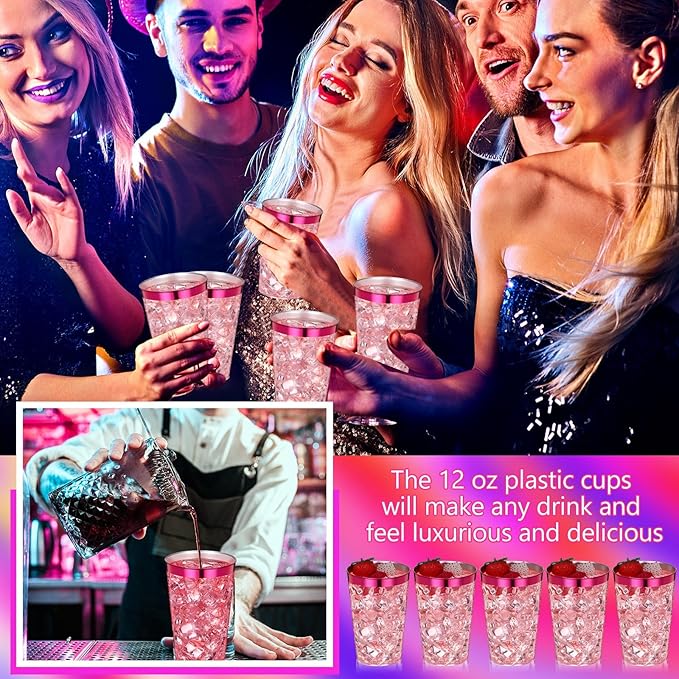 Patelai 100 Pcs Hot Pink Plastic Cups 12 oz Hot Pink Rimmed Plastic Cups Heavy Duty Wine Glasses Clear Cocktail Glasses Valentine's Day Drinking Tumblers for Party Wedding Birthday