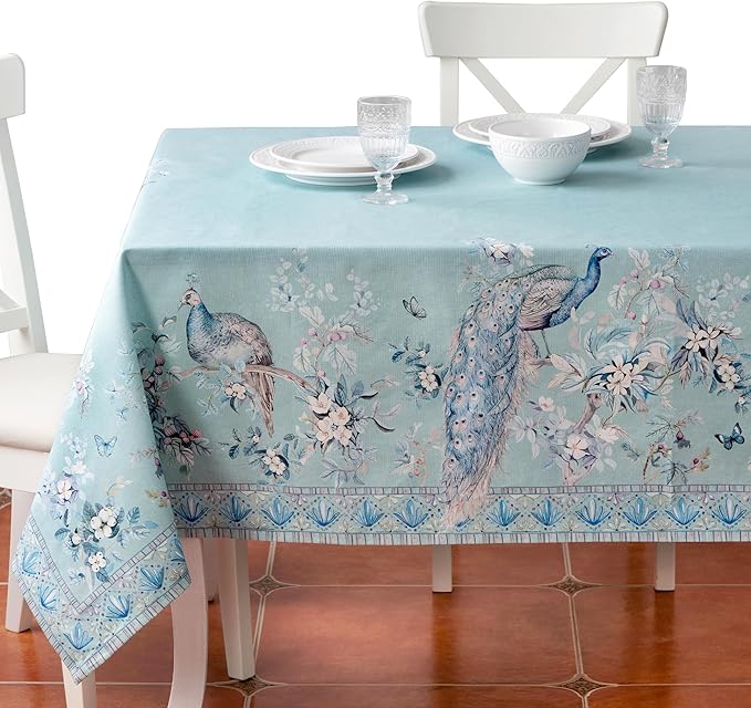 Maison d' Hermine Premium Table Cloth Square Table 100% Combed Cotton 70 x 70 Inches Tablecloth Reusable Decorative for Dining Room, Home, Party, Festive & Wedding - Peacock Utopia - Pastel Turquoise