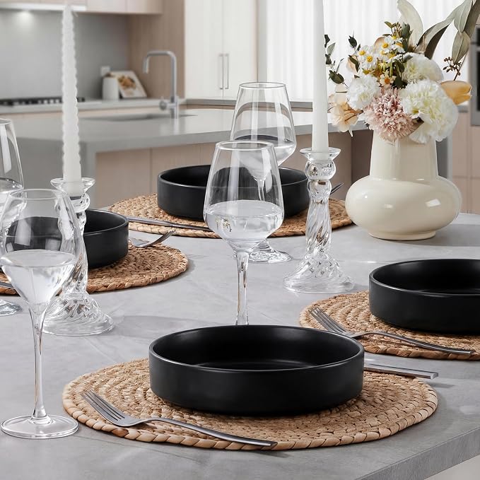 E-far Pasta Bowls Set of 6, 35 oz Large Stoneware Bowl Plates | Shallow & Wide - Image 5