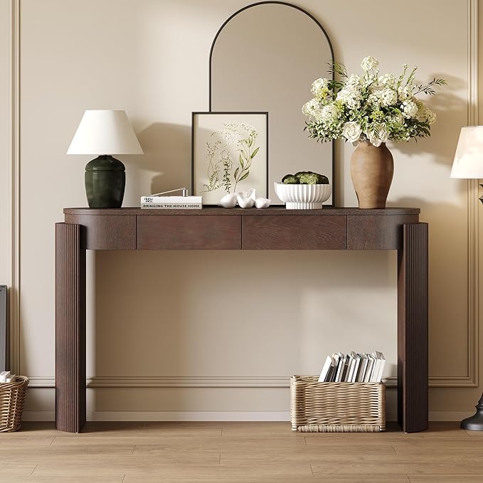Merax 55" Entryway Table with Oval Top and 2 Drawers, Natural Wood Grain Finish Console Table with Fluted Design for Entryway and Living Room (Espresso)