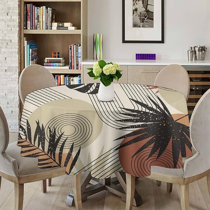 Boho Medieval Abstract Leaves Round Tablecloth, Mid Century Modern Bohemian Style Print Tablecloth for Home Party Dining Room Kitchen Decor 70Inch(178cm)