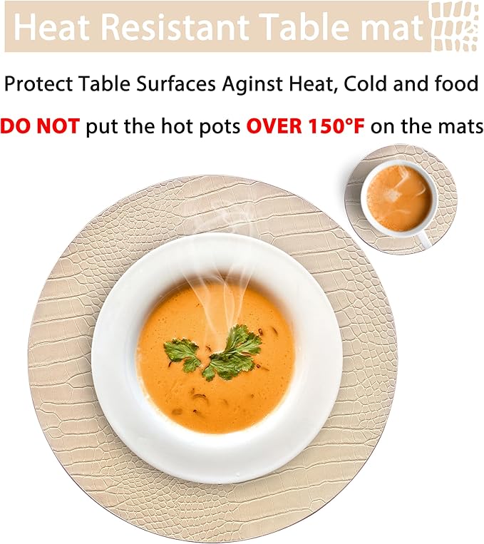 Jovono Round Leather Placemats for Round Tables Set of 4, Beige Place Mats and Coasters, Wipeable Waterproof Heat Resistant Table Mats Easy to Care for Indoor Decor 13 inch Diameter