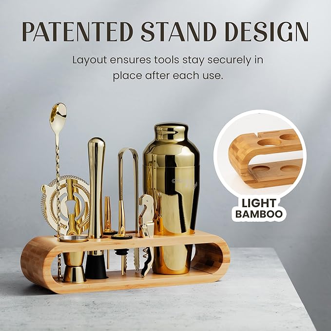 Mixology & Craft Cocktail Shaker Set with Bamboo Stand - Professional 18oz 10-Piece Bartender Kit - Complete Bar Set & Cocktail Mixer Kit for Home (Gold)