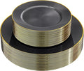 Hioasis 60pcs Black and Gold Plastic Plates - Black Disposable Dinnerware Set, 30pcs Dinner 10.25in & 30pcs Dessert 7.5in Plates with Striped Designs for Party & Wedding