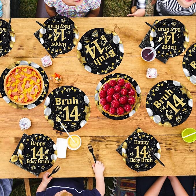 96 Pcs Bruh 14th Birthday Party Black Gold Decorations, Serves 24 | Black Gold - Image 7