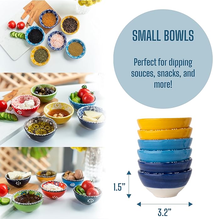 Ceramic Small Dipping Bowls Set of 6, 3.5 Oz Soy Sauce Dish, Handmade Charcuterie, Colorful Pinch, Dishwasher & Microwave Safe, 3.2'' Mini (NAZAR CHARM)