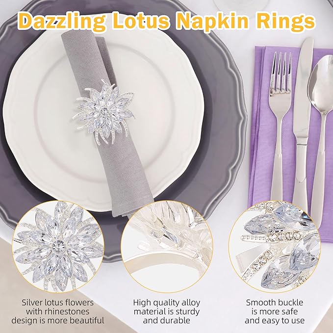 ZeeDix Christmas Flower Napkin Rings Set of 6, Silver Lotus Elegant Rhinestone Napkin Ring Serviette Buckles Holder for Wedding Birthday Christmas Holiday Party Home Kitchen Dinner Table Decoration