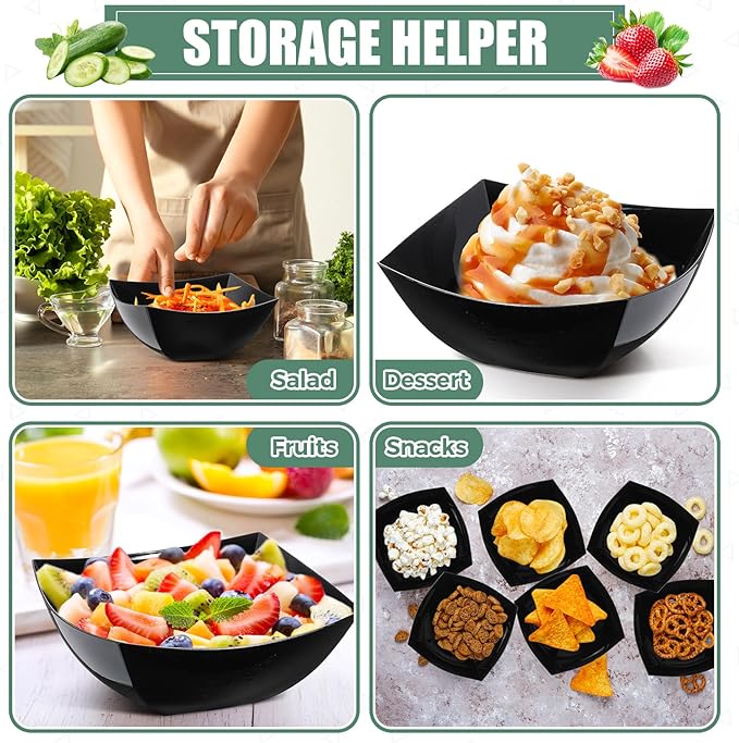 Tanlade 50 Pcs Square Plastic Serving Bowls Disposable Snack Salad Bowl Small Party Candy Bar Containers Taco Bar Serving Dishes for Buffet Chips Fruit(Black,16 oz)