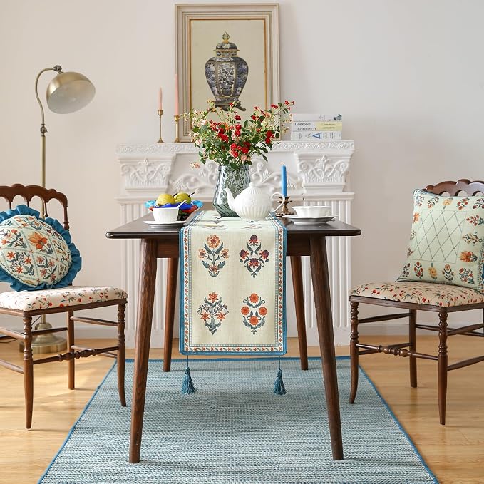 Designer French Linen Long Table Runner, Floral Pattern, Dining Table, Kitchen - Image 3
