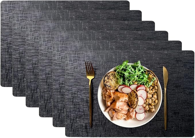 Set of 4 Faux Leather Placemats, Dual‑Sided Non‑Slip Vinyl Placemats, Washable Table Mats, Wipeable Metallic Dining Mats for Kitchen and Dining (Black, Set of 6)