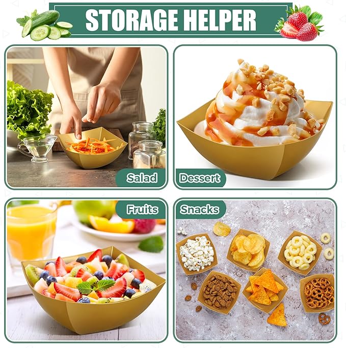 Tanlade 50 Pcs Square Plastic Serving Bowls Disposable Snack Salad Bowl Small Party Candy Bar Containers Taco Bar Serving Dishes for Buffet Chips Fruit(Gold,8 oz)