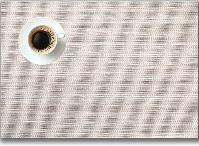 Placemats Set of 8 - Easy Clean Woven Vinyl Placemats for Dining Table, Indoor/Outdoor Place Mats, Washable PVC Table Mats（Beige）