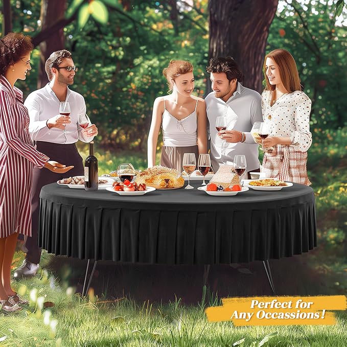 Wish Care 4 Pack Black Spandex Round Tablecloths, 72in, Wrinkle Free, Stretchy Fitted, 6FT Round Table Cloths with Skirt for Wedding, Birthday Party, Banquet