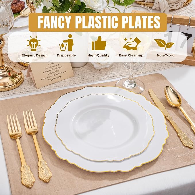 60pcs Gold Plastic Dinner Plates -10.25inch Baroque White and Gold Plates Fancy - Image 6