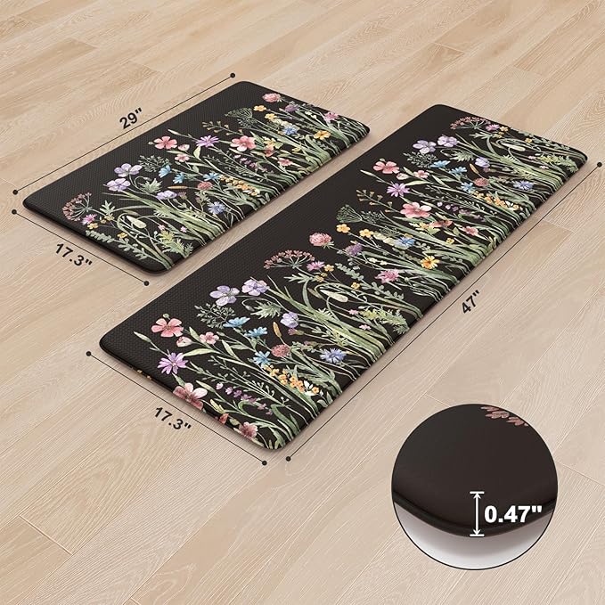 KIMODE Anti Fatigue Mats for Kitchen Floor 17"x47"+17"x29", Farmhouse Floral Kitchen Rugs Sets of 2, Cushioned Kitchen Floor Mats, Non Slip Standing Mat for Sink, Laundry, Office, Desk Black