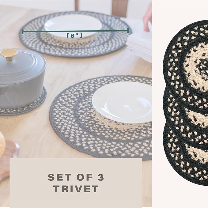 Homespice Manchester Jute Braided Trivets for Table, Country Primitive Decor, Set of 3, Black and Tan 8" Round Heat Resistant Mats - Rich Colors, Easy to Clean, Durable and Protects Furniture