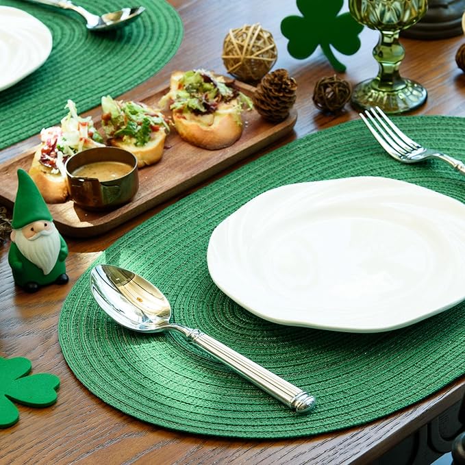Noctiflorous Oval Braided Placemats Set of 6 Woven 12x18 Inch Non Slip Washable Heat Resistant Place Mats Round Tablemats for Dining Kitchen Party Daily Table Decor Dinner Mats (Green Shine, 6)