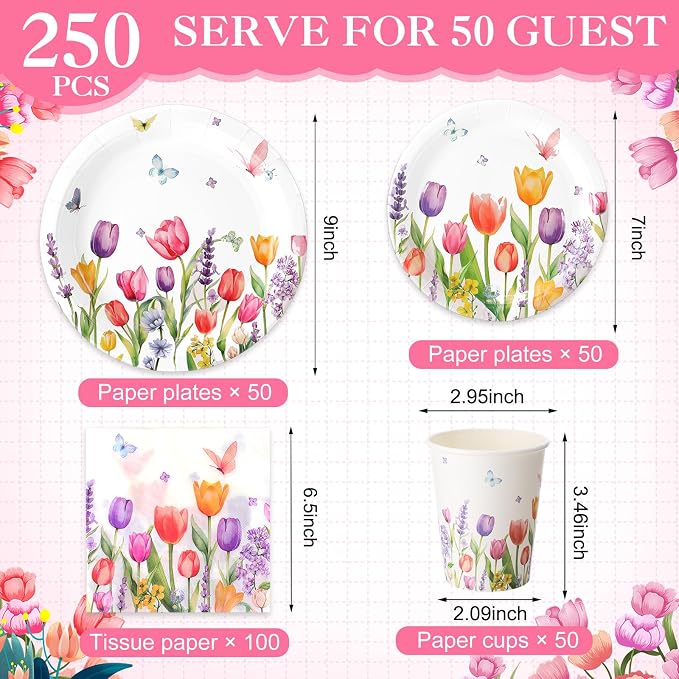 250 Pcs Floral Party Decorations Include Lavender Tulip Butterfly Paper Plates - Image 2