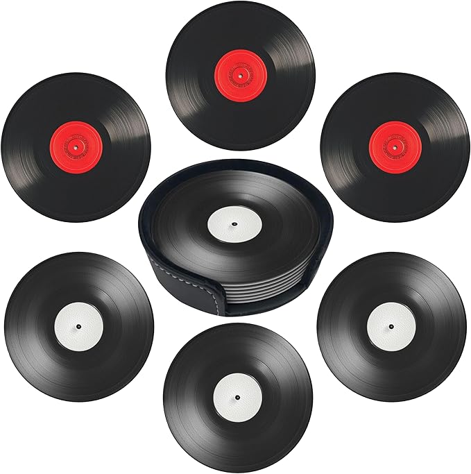 Record Coasters Leather Round Drink Coasters 6 Pcs Set with Holderor for Cup Drink Coffee Table Bar Home Decor