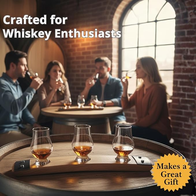 Barrel Stave Premium 3 Glass Whiskey, Bourbon, Scotch Flight Serving Tray, (No Glasses,Dark Walnut)