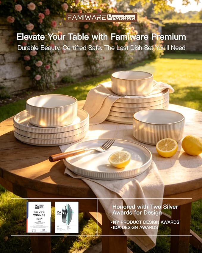 Stoneware Dinnerware Sets for 4, 8-Piece Wide Pasta Bowls and Salad Plates | - Image 8