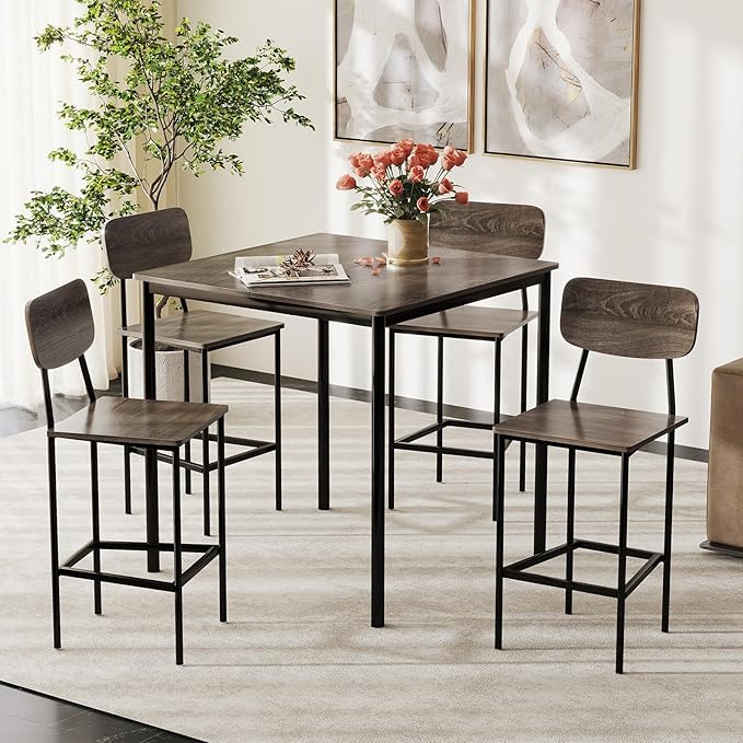 COSTWAY Dining Table Set for 4, 5-Piece Square Kitchen Nook Dinette Set with 4 Bar Stools with Footrest, Backrest, Space-Saving Design, Industrial Kitchen Table and Chairs for Apartment, Grey