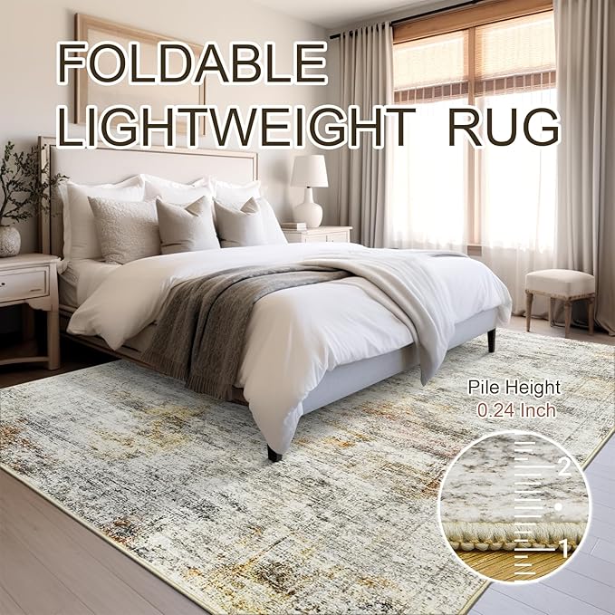 Washable Area Rug 8x10, Large Soft Abstract Rugs for Living Room Vintage 8x10 Area Rugs for Bedroom Dining Room Non-Slip Stain Resistant Under Table Gray Rust Rug
