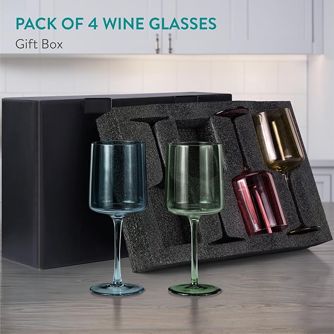 Navaris Multi-Colour Tinted Wine Glasses - Set of 4 - Coloured Wine Glasses with Stems - Stylish Design Glassware for Serving Wine, Cocktails, Dessert