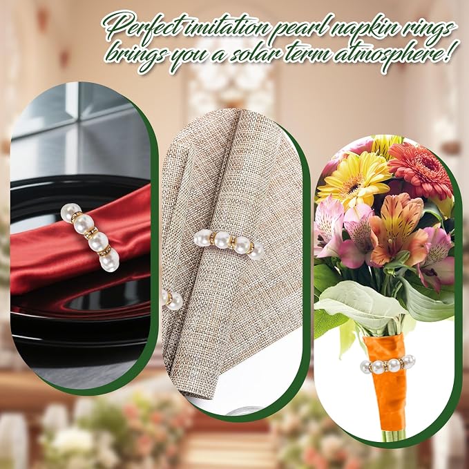 100 Pcs Pearl Napkin Rings, Exquisite Gold Napkin Rings Bulk, Suitable - Image 5