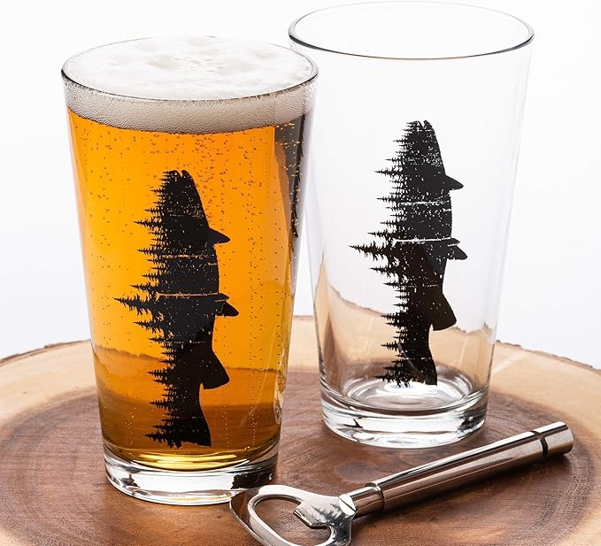 Pint Glasses with Fish and Forest Screen Print - 16 oz. Beer Glasses for Craft Beer - Fishing Gifts and Glasses for Fisherman - Trout and Forest