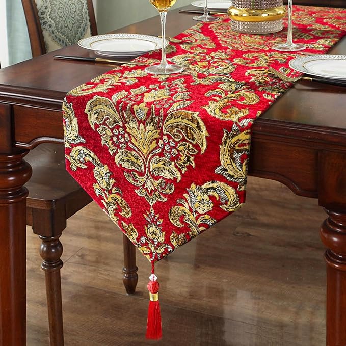 Jacquard Red Table Runner 120" Long Chenille Decor by HeMiaor
