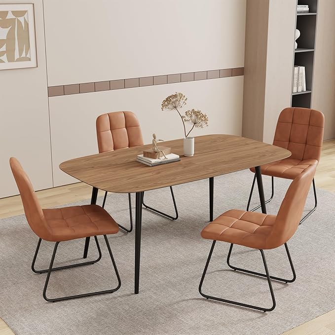 55.1' Kitchen Table,Kitchen & Dining Room Tables, Dinner Table for 4-6,MDF Wood Dining Table with Metal Legs for Living Room & Dining Room (Walnut Color Table, 55.1")