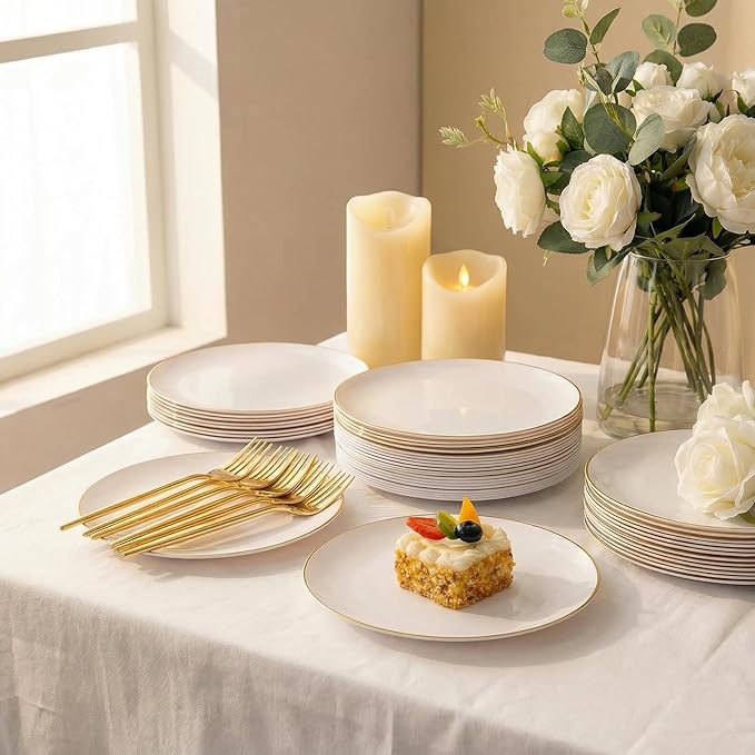Rubtlamp 200Pcs Gold Plastic Dessert Plates,White Appetizer Platos with Gold Disposable Forks, Fancy Small Dessert/Cake Plates Include 100pcs 7.5" Salad Platos, 100pcs 7.6" Plastic Forks for Party
