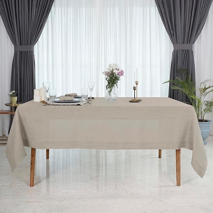 D'Moksha Homes Natural Linen Tablecloth for Rectangle Tables 60 x 84 Inch - Classic Hemstitch 100% Pure Linen Natural Table Cloth - Machine Washable Dining Tablecloth for Valentines, Spring, Easter