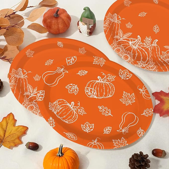50Pcs Fall Pumpkins Oval Paper Plate Thanksgiving Plate 10" X 12" Large Disposable Heavy Duty Burnt Orange Pumpkin Autumn Leaves Platter for Terracotta Fall Harvest Thanksgiving Party Decoration