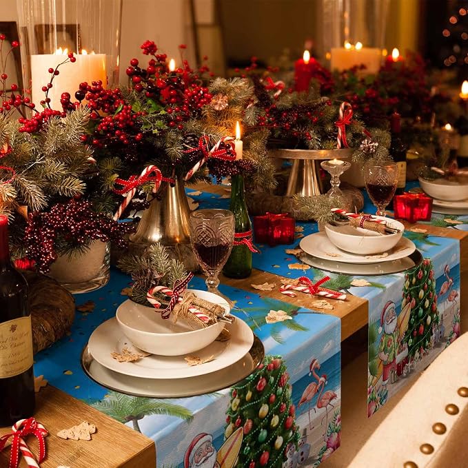 Coastal Christmas Table Runner 90 Inches Long, Xmas Tree Santa Beach Table - Image 6