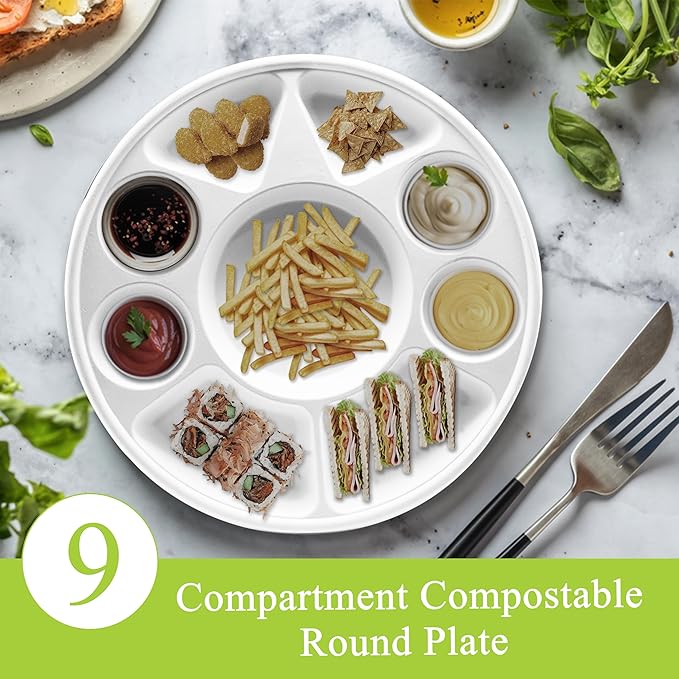 three leaf 9 Compartment Bagasse Round Plate, 50 Ct. Heavy-Duty- Super Strong- Natural- Eco-Friendly Disposable Bagasse Plates, 100% Biodegradable