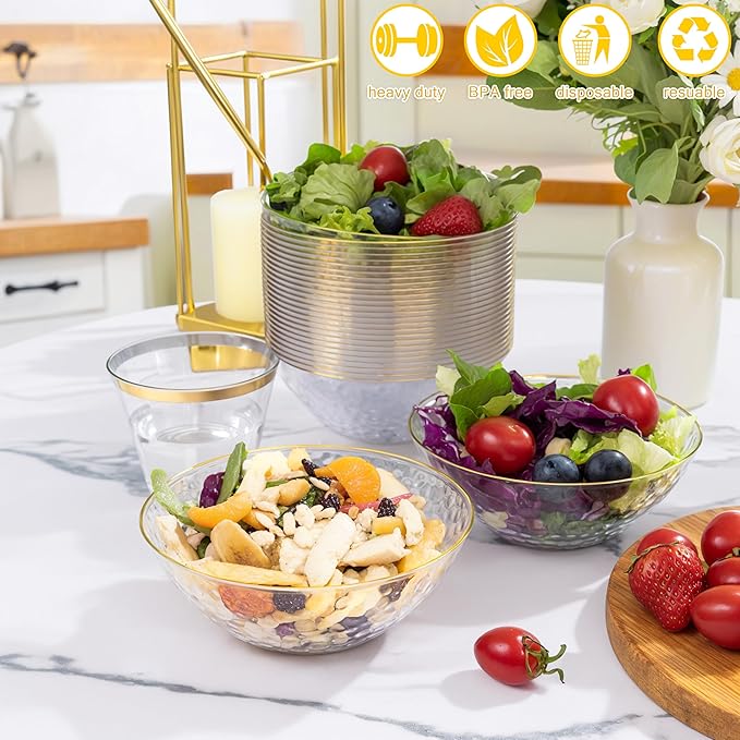 I00000 20 Pack 12 Ounce Clear Plastic Bowls Hammered Gold Rimmed, Heavy Duty Disposable Bowl Set,Elegant Ice Cream Bowls For Birthday, Wedding & Party