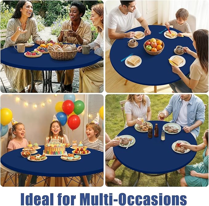 Round Spandex Tablecloth 2 Pack, Elastic Fitted Waterproof Tablecloths for 31"-35" Tables, Stretch Washable Picnic Table Cover for Camping, Dining, Indoor and Outdoor, Navy