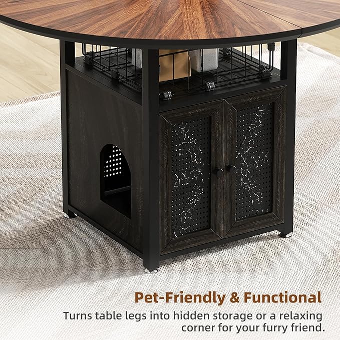 47" Round Dining Table Set for 4-6 People, Large Farmhouse Kitchen Dining Table Set with Chairs and Storage Rack, Metal Base Round Table for Home Dining Room Living Room (Cat table and 2 brown chairs)