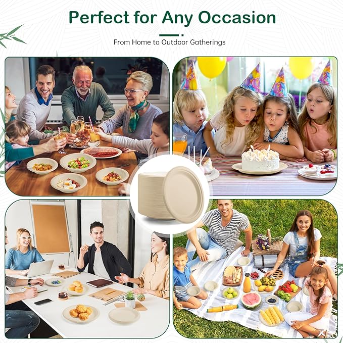 6 Inch 128 Pack Compostable Disposable Paper Plates, Small Dessert Plates, Heavy Duty Sugarcane Bagasse, Biodegradable Eco-Friendly, Perfect for Kids Meals & Parties, Natural