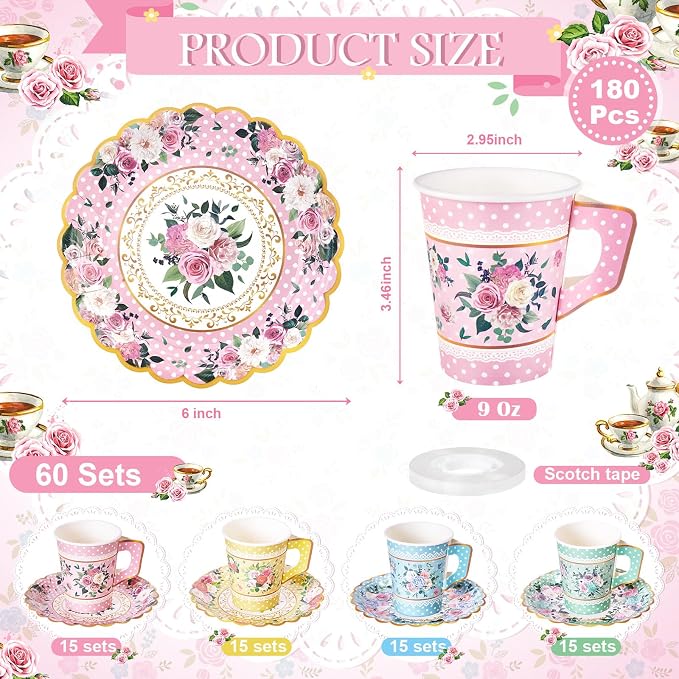 SUMMORO 180 Pcs Floral Paper Tea Cups and Plates 9 OZ Disposable Paper TeaCups - Image 2