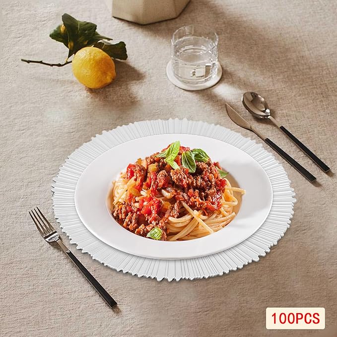 100 Pcs Charger Plates Set, Round Charger Plates, Reusable Serving Plates Embossed Rim Plastic Chargers Plate Decorative Round Plate Chargers
