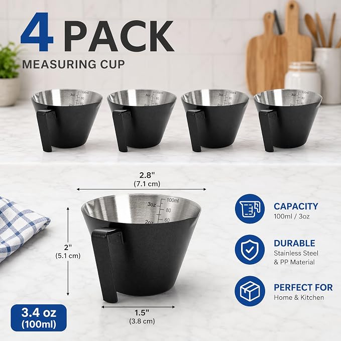 4 Pack Stainless Steel Espresso Measuring Cup, 3.4OZ/100ML Double Spout - Image 2